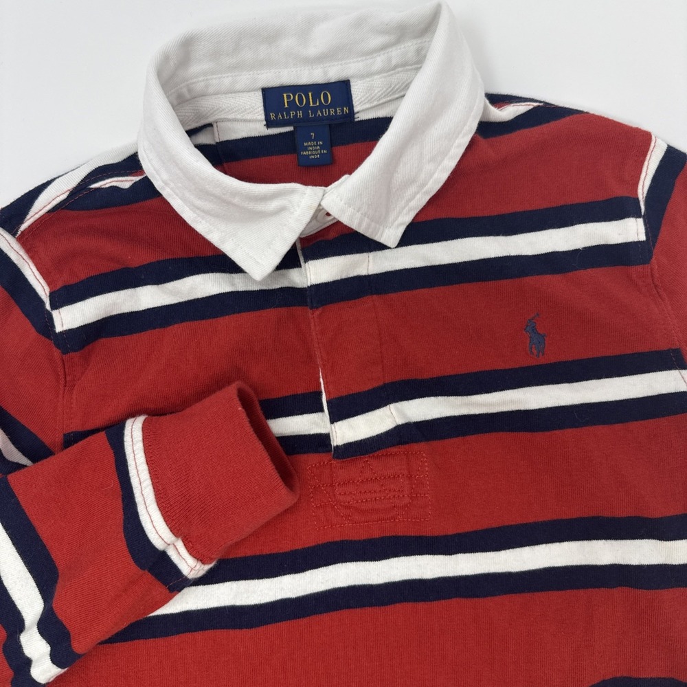 Polo Ralph Lauren Kids Red Navy Blue Striped Long Sleeve Rugby Shirt Size 7